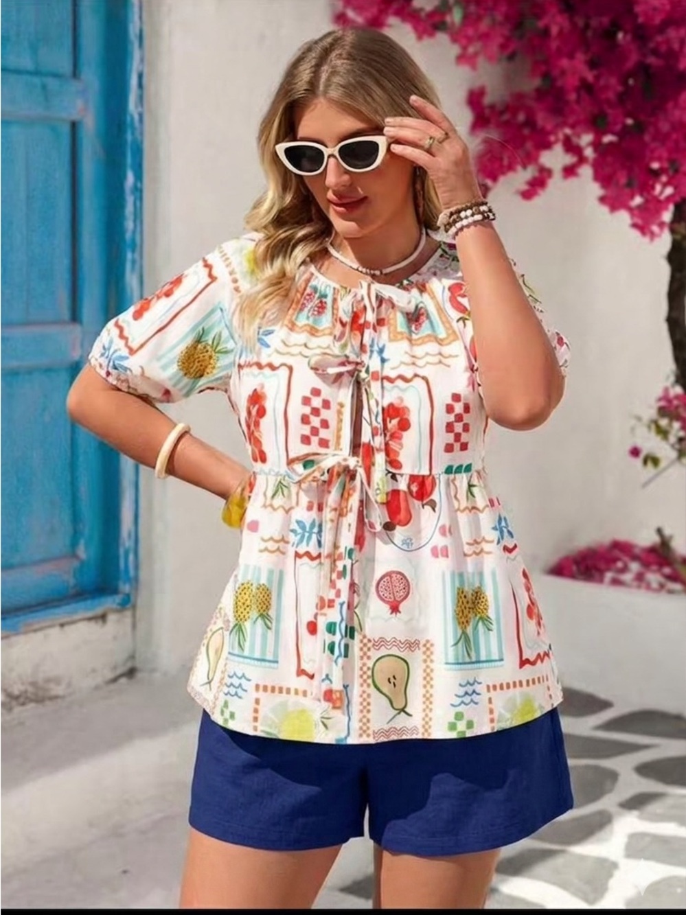 SHEIN White Multicolor Printed Tie-Front Peasant Top